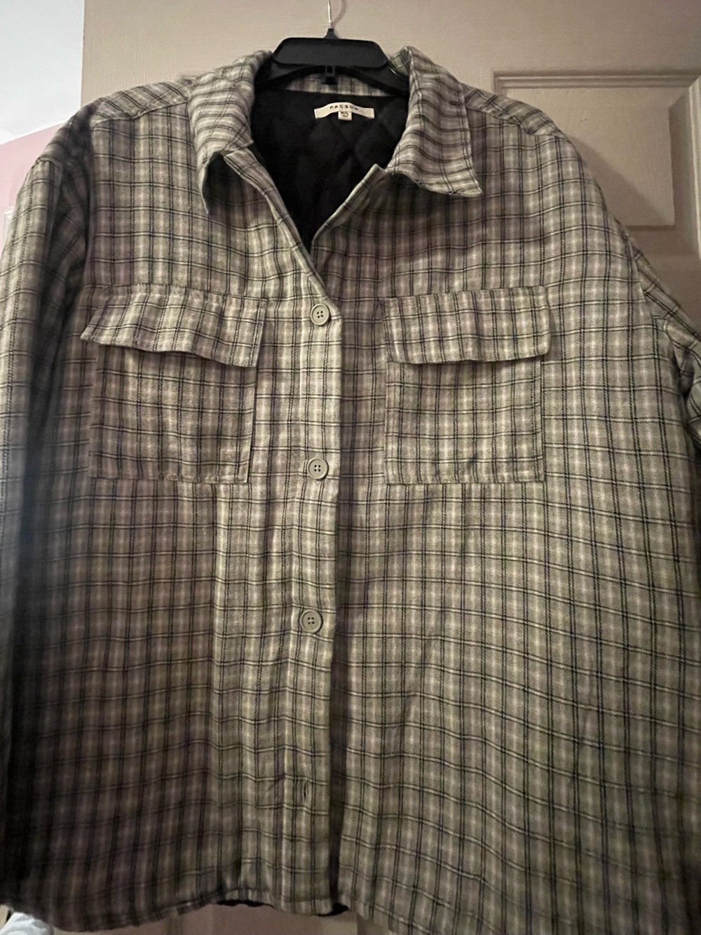 PacSun Plaid Utility Shacket in Gray and Cream.  With quilted inside